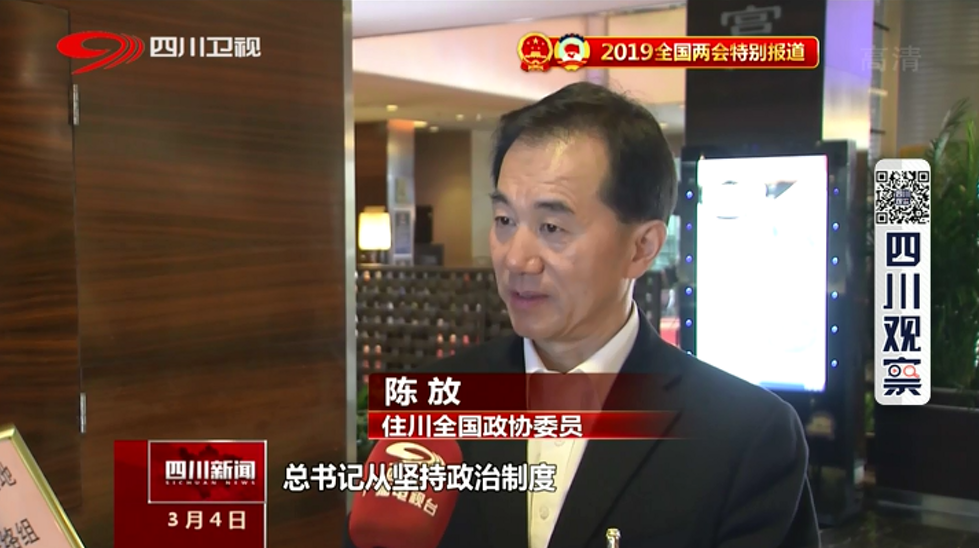 3月4日 住川全国政协委员陈放在会场外接受本台记者采访